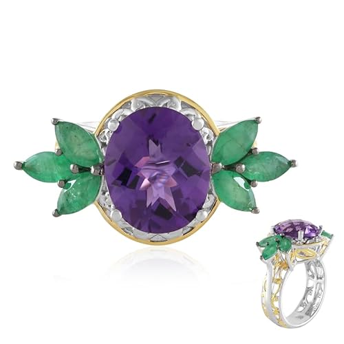 Cavill Amethyst Silberring – Gems en Vogue, 3,71 ct Amethyst Brasilien, 925 Sterling Silber, Damenring floral mit 6 Sambia Smaragden, Schachbrettschliff, elegantes Statement Cavill Amethyst Silberring – Gems en Vogue, 3,71 ct Amethyst Brasilien, 925 Sterling Silber, Damenring floral mit 6 Sambia Smaragden, Schachbrettschliff, elegantes Statement von Cavill