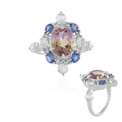 Cavill Ametrin Ring 2,779 ct Oval aus Bolivien mit 4 Nepal Kyanit & 16 Weißen Topas in 925 Silber platinierter Fassung, eleganter rosa goldfarbener Schmuck 25x24 mm von Cavill