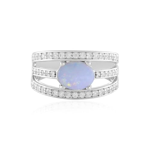 Cavill Australischer Opal Silberring 1,19 Karat Ovaler Cabochon mit Zirkon Pave Akzenten, 925 Sterlingsilber platinierter, eleganter und moderner Designring in Größe 16-21 von Cavill