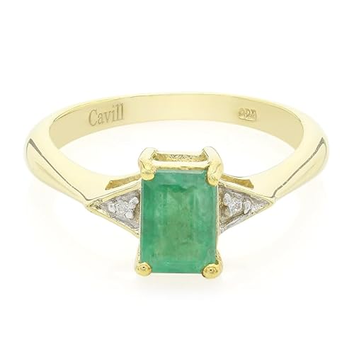 Cavill Bahia-Smaragd Ring 0,81 ct Oktagonschliff Gelbvergoldeter 925er Silberring mit 2 funkelnden Zirkonsteinen Eleganter Smaragd Silberschmuck aus Brasilien Größe 17 von Cavill
