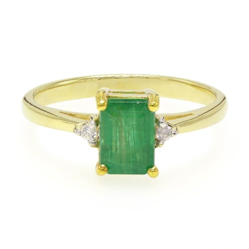 Cavill Bahia Smaragd Ring 0,89ct Oktagonschliff in Gelbvergoldetem 925er Silber mit 2 Brillant Zirkonen 0,05ct, Eleganter Silberring mit Smaragd aus Brasilien, Größe 17 von Cavill