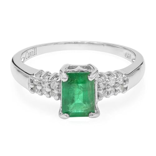 Cavill Bahia Smaragd Ring 0,9 ct Oktagonschliff platinierter 925 Sterling Silber mit 12 funkelnden Zirkonen, moderner Smaragd Silberring Grün Eleganz Größe 17 von Cavill