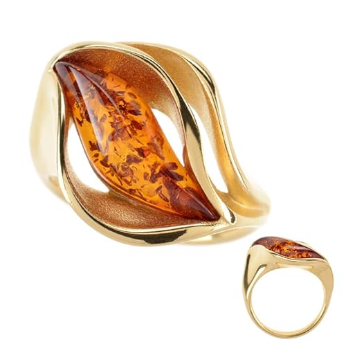 Cavill Baltischer Bernsteinring 1,1 ct Cognac Bernstein in elegantem vergoldeten 925er Silberring mit Fancy Cabochon Schliff, feminines Design, warme Orange Nuancen, Größe 16-19 von Cavill