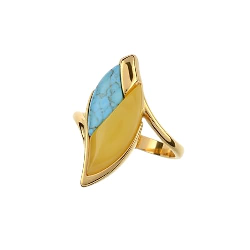 Cavill Silberring Damen 925er Sterling Silber vergoldet mit baltischem Milchbernstein 0,9ct und Türkis 1ct, Fancy-Cabochon, modernes Blattdesign, 1,9 ct Gesamtgewicht, elegant und farbenfroh von Cavill