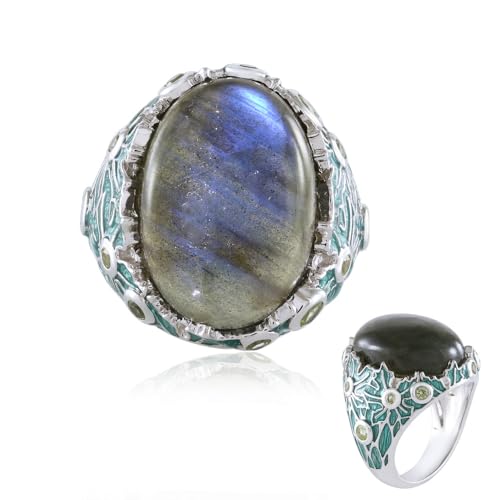 Cavill Blauer Labradorit Ring 11,7 ct Ovaler Cabochon mit leuchtendem Peridot 925er Sterling Silber, platinierte elegante Damen Statement Schmuck, moderner Edelsteinring aus Madagaskar von Cavill