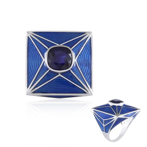 Cavill Blauer Madagaskar-Saphir Ring 2,79 ct Antiker Kissenschliff Platiniertes 925er Sterling Silber Geometrischer moderner Schmuck mit kräftigem Blau, 27x21 mm von Cavill