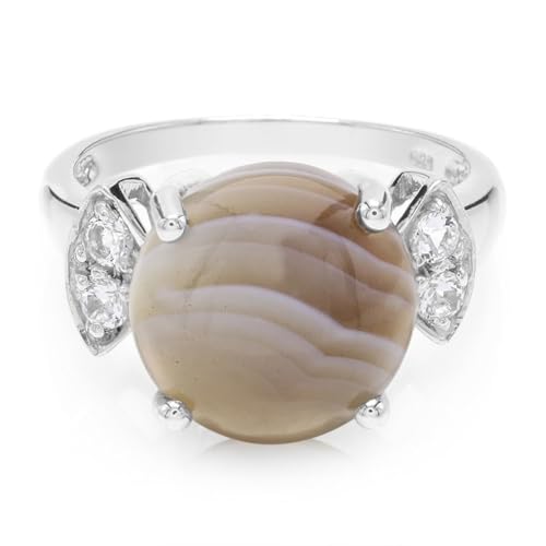 Cavill Botswana Achat Ring 4,3 ct mit rundem Cabochon Achat & 4 weißen Topasen 0,229 ct, eleganter 925 Silberring Größe 17, modernes Design, beige-beige Streifen von Cavill