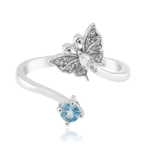 Cavill Damen Silberring mit Weißem Topas Marquiseschliff & Schweizer Blauem Topas Rundschliff 925er Sterling Silber Schmetterling Zirkon Akzente Eleganter Offener Ring von Cavill