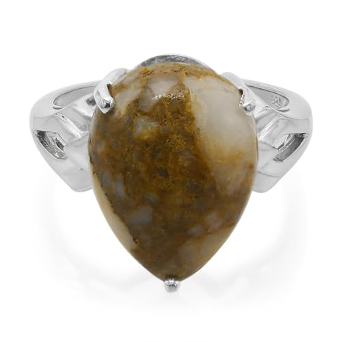 Cavill Dinosaurierquarz Ring 7,75 ct Tropfenförmiger Cabochon aus 925er Silber mit Braun-Beigem Naturstein, Moderner und Eleganter Damenring Größe 17, Unique Design von Cavill