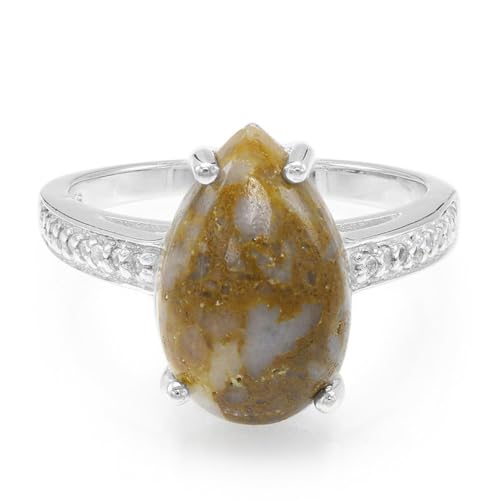 Cavill Dinosaurierquarz Silberring 925 Sterling mit 4,12 ct Tropfen-Cabochon aus USA und 18 weißen Topasen brasilianischer Brillantschliff Eleganter moderner Damenring Größe 17 von Cavill