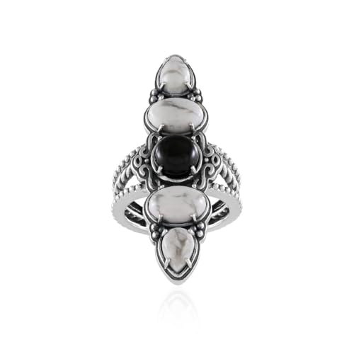Cavill Damenring aus 925 Sterling Silber mit 4,86 Karat Howlith Oval und Tropfenförmig, Schwarzer Onyx Rund, moderner Boho Chic, eleganter Edelsteinring in Weiß und Schwarz von Cavill