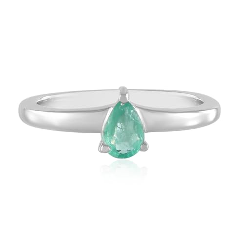Cavill Eleganter Silberring mit 0,308 ct Tropfenförmigem Russischem Smaragd, 925er Sterling Silber mit Platin Beschichtung, Damenring in modernen Größen 17 bis 20 von Cavill