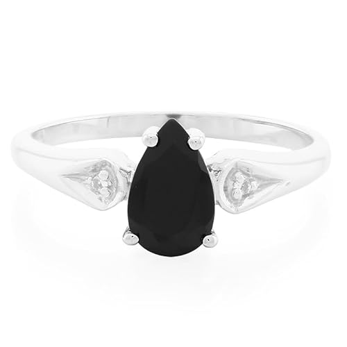 Cavill Eleganter Silberring mit 0,9 ct schwarzem Spinell Tropfen aus Madagaskar und 2 weißen Topasen aus Brasilien, 925 Sterling Silber, moderner Damenring Größe 17 von Cavill