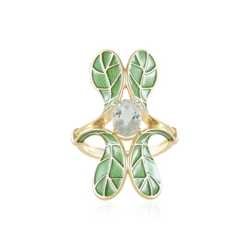 Cavill Grüner Amethyst Ring 1,17 ct Ovalschliff aus Brasilien, 925er Sterling Silber vergoldet, modernes Blatt-Design, eleganter Schmuck in frischem Grün, Größe 16-21 von Cavill