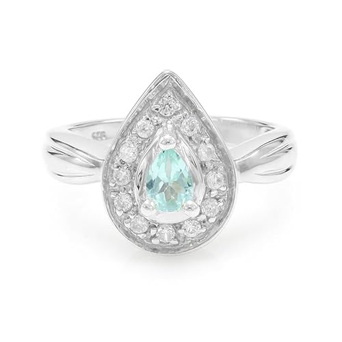 Cavill Grüner Fluorapatit Ring 0,29 ct Tropfenschliff mit 12 funkelnden Zirkonen 0,296 ct in 925 Sterling Silber, eleganter Damenring, modernes Design, Madagaskar, Größe 17 von Cavill