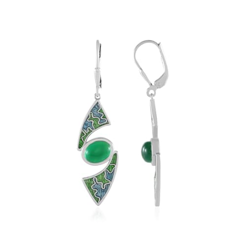 Cavill Grüner Onyx Ohrringe 2,7 ct Ovaler Cabochon 925er Sterling Silber Platinierte moderne elegante Ohrhänger 46 mm Grün-Blau Edelstein Schmuck aus Indien von Cavill