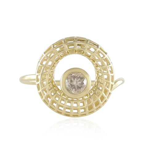 Cavill Champagne Diamant Ring Damen 0,225 ct Brillantschliff in 375er Gelbgold - Modernes Design mit zirkulärem Gittermuster, elegante Champagnerfarbe, Größe 17-20 von Cavill