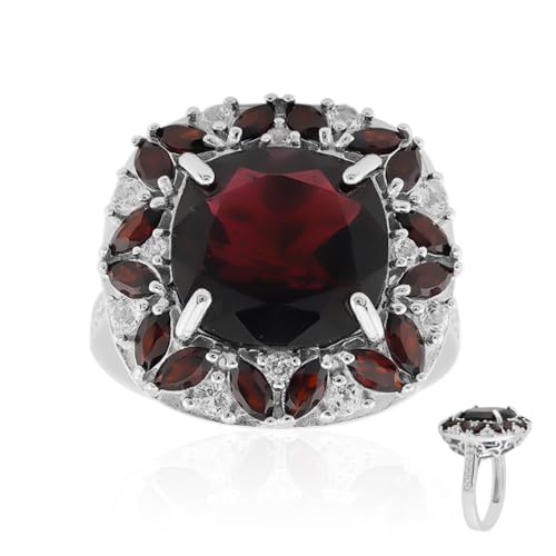 Cavill Indischer Granat Silberring 925 Sterling, 6,255 ct Antiker Kissenschliff, 16 Granate Marquiseschliff & 26 Weiße Topase, Eleganter Damenring, Rot & Weiß, 27x21 mm von Cavill