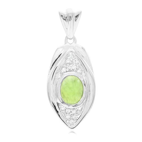Cavill Kaiserlicher Chrysopras Silberanhänger 925 Sterling Silber, Ovaler 0,85 ct Cabochon aus Australien mit 14 weißen Topasen 0,166 ct, Eleganter Blattförmiger Anhänger 35x14 mm von Cavill