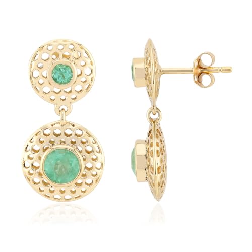 Cavill Kolumbianische Smaragd Ohrringe 1,05 Ct. Brillantschliff in 9K Gelbgold, 22mm Elegante Ohrstecker mit filigranem Muster, klassischem Verschluss, edler grüner Edelstein-Schmuck von Cavill