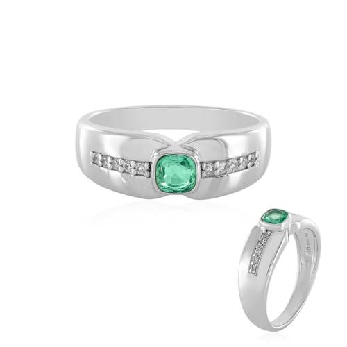 Cavill Kolumbianischer Smaragd Silberring 0,287ct Antiker Kissenschliff mit 925er Sterling Silber Platiniert Eleganter Smaragdring mit Zirkonen 0,409ct Grün von Cavill
