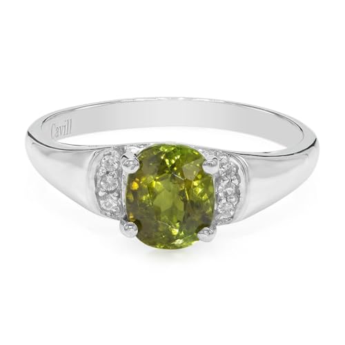 Cavill Kupfer Turmalin Ring 1,15 ct in 925er platinierter Silberfassung mit 6 funkelnden Zirkonen, ovaler grüner Edelstein, modernes elegantes Design, Größe 17 oder 19 von Cavill