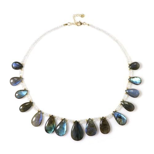 Cavill Labradorit Halskette Silber Damen 925er Sterling Silber Vergoldet, Tropfenförmige Labradorit Perlen aus Madagaskar & Regenbogen-Mondstein aus Indien, Eleganter Schmuck 45-50 cm von Cavill