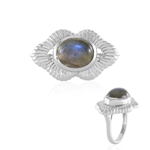 Cavill Labradorit Silberring aus 925er Sterlingsilber platiniert, Ovaler 4,777 ct Cabochon aus Madagaskar, Monosono Collection, eleganter Statement Ring mit floraler Designoptik in Blau-Grün von Cavill