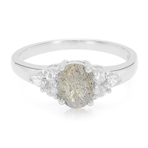 Cavill Labradorit Ring Silber 0,65 ct Ovalschliff aus Madagaskar, 925 Sterling Silber, 6 weiße Topase Brillantschliff Brasilien, eleganter ovale Herren- oder Damenring von Cavill