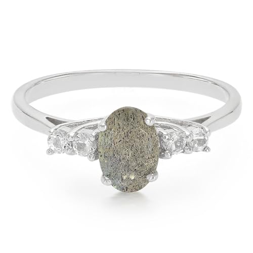 Cavill Labradorit Ring Silber 0,6ct Ovalschliff Madagaskar mit 4 weißen Topasen 0,165ct Brillantschliff 925 Sterling Silber Damen Eleganter Silberring von Cavill