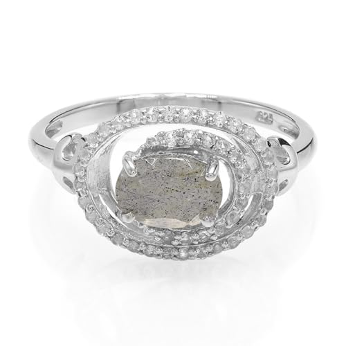 Cavill Labradorit Ring Silber Oval 0,63 ct mit Weißem Topas 0,237 ct, 925 Sterling Silber Modern Elegant Schmuck aus Madagaskar und Brasilien Größen 17 von Cavill