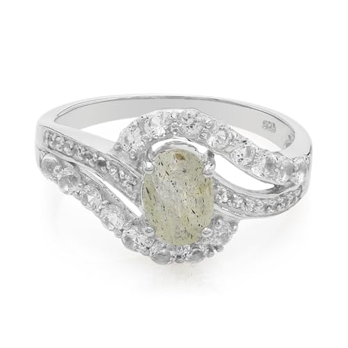Cavill Labradorit Silberring 0,57 ct Ovalschliff aus Madagaskar mit 16 weißen Topasen 925er Sterling Silber eleganter modern geschwungener Designring Größe 17 von Cavill