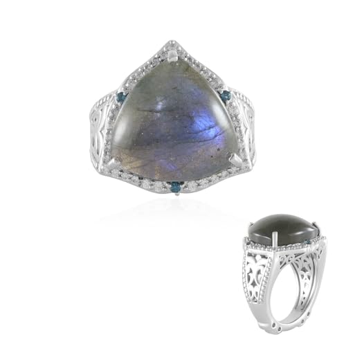 Cavill Labradorit Silberring 10,53 Ct Trilliant Cabochon aus Madagaskar mit Londonblauem Topas und Zirkon 925 Sterling Silber Eleganter Statement-Ring Modernes Design von Cavill