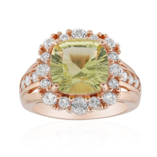 Cavill Limonen Citrin Ring 3,398 ct Kissen Schliff mit weißen Topasen und Zirkonen, 925er rosévergoldeter Silberring, eleganter Schmuck für Damen Größe 18-20 von Cavill
