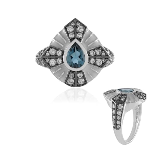 Cavill Londonblauer Topas Ring 0,9 ct Tropfenschliff in platinierter 925 Sterling Silberfassung mit funkelnden Zirkonen, moderner eleganter Silberring für Damen von Cavill