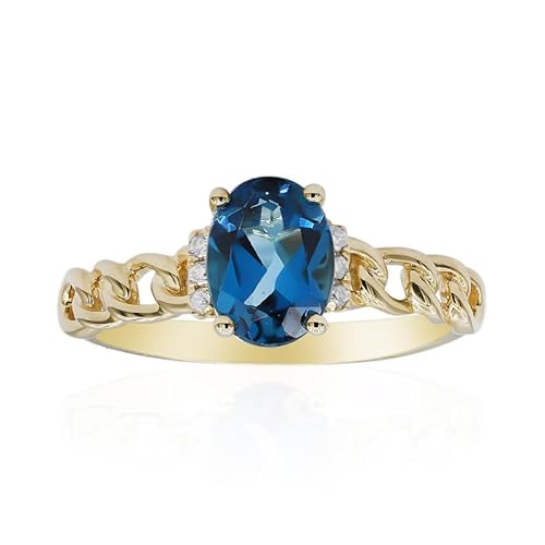 Cavill Londonblauer Topas Ring 1,46 ct Ovalschliff aus Brasilien, 10 Karat Gelbgold Goldring mit 6 Diamanten 0,04 ct runder Brillantschliff, moderner eleganter Ring mit geflochtenem Band von Cavill