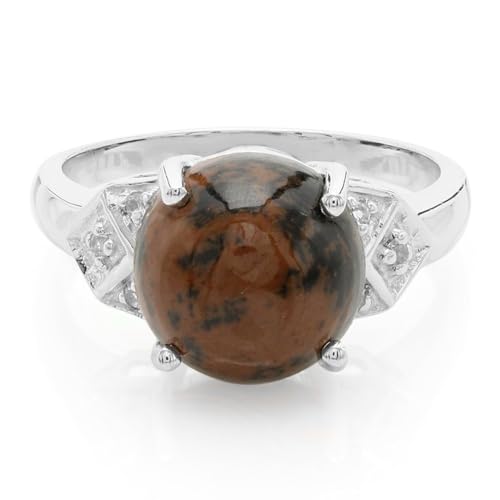 Cavill Mahagoni Obsidian Ring Damen 925er Sterling Silber mit 3,07ct rundem Cabochon & 0,043ct weißen Topasen, eleganter Silberring modern, 10 mm Stein braun-schwarz von Cavill