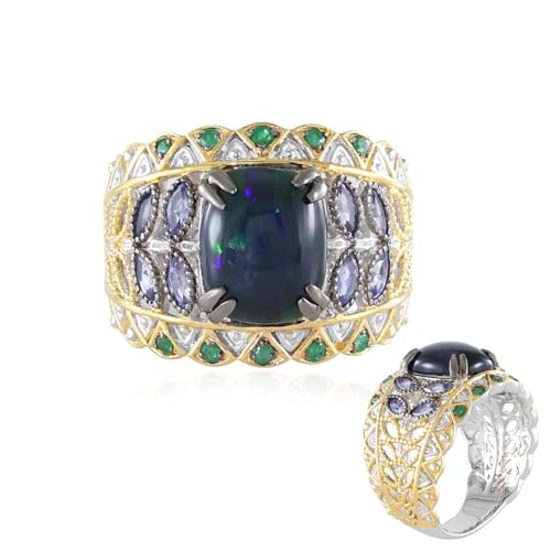 Cavill Mezezo Opal Ring 3,717 ct Sterling Silber mit äthiopischem Opal, Tansanit & Smaragd - Eleganter Edelstein Silberring in kunstvollem Design, Größe 17 von Cavill