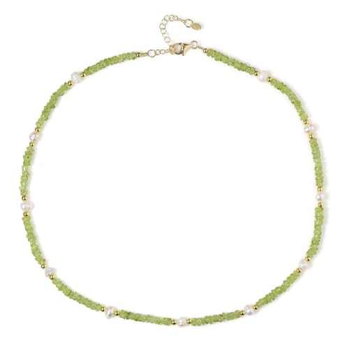 Cavill Peridot Halskette Damen 925er Sterling Silber vergoldet mit weißen Süßwasserperlen und goldenen Hämatit Edelstein Schmuck elegant grün weiß ca. 45-50 cm von Cavill