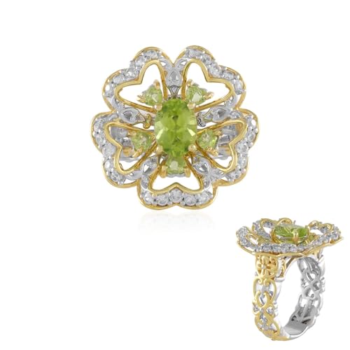 Cavill Peridot Silberring 4,82 ct Oval & Herz Schliff, 925 Sterling Silber mit Zirkon Akzenten, Eleganter grüner Damenring mit floralem Design, 25x21 mm von Cavill