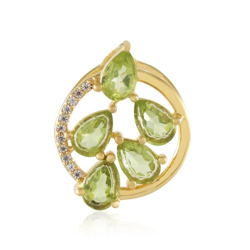 Cavill Peridot Schmuckanhänger 925er vergoldetes Silber mit 5 Peridot Tropfenschliff 1,616 ct und 11 Zirkonia, moderne Blatt-Form, eleganter grüner Edelsteinanhänger 19x15 mm von Cavill