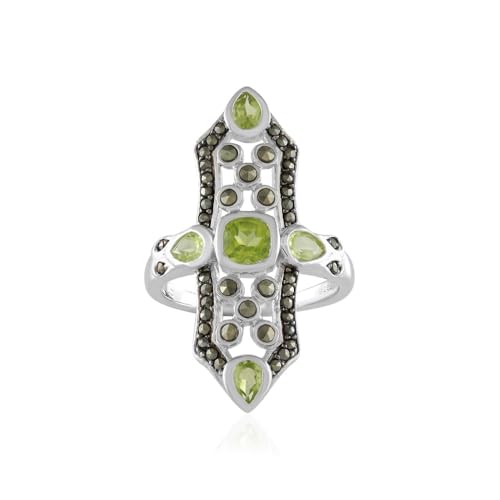 Cavill Peridot Silberring Damen 925 Sterling Silber mit 1,674 ct Peridot & Markasit im antiken Kissenschliff und Tropfenschliff, eleganter grüner Statement-Ring, Größe wählbar von Cavill