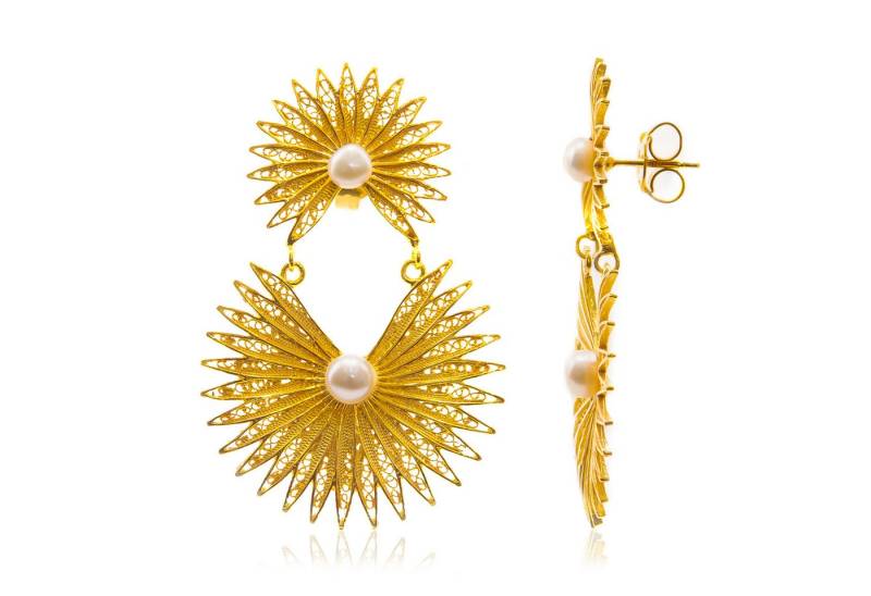 Cavill Perlenohrringe 4 weiße Süßwasserperlen Ohrringe, 925er Silber gelbvergoldet, Damen (2-tlg) von Cavill