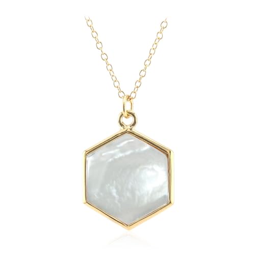 Cavill Perlmutt Halskette Damen 925er Sterling Silber Goldplattiert Sechseckiger Anhänger Hexagonschliff 22x17 mm Elegante Kette 45,5 cm Moderner Silberschmuck Perlmutt Weiß Beige Gold von Cavill