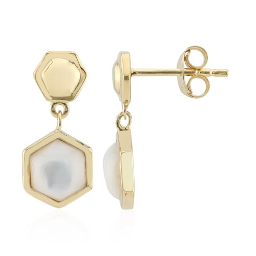 Cavill Perlmutt Ohrringe 925er Sterling Silber Vergoldet, Sechseckige Hexagonschliff Ohrstecker Modern, Elegant Weißer Perlmutt Inlay, 17 mm Hänger Schmuck Damen von Cavill