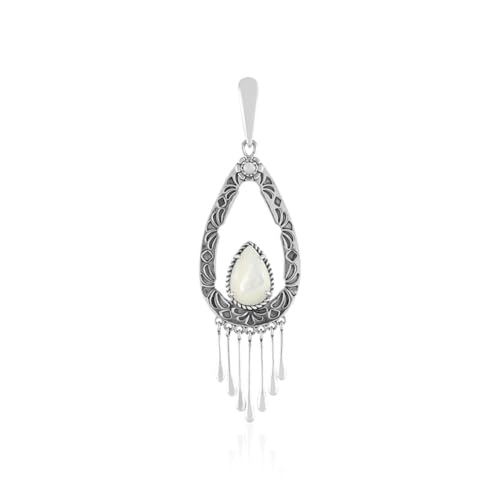 Cavill Perlmutt Silberanhänger Tropfenform 925 Sterling Silber mit Weißem Perlmutt, Boho Chic Anhänger 84x26 mm, Eleganter Schmuck für Damen, Filigranes Design mit Varioclip von Cavill