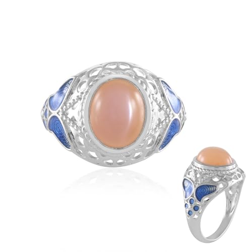 Cavill Pfirsich Mondstein Ring Damen, 2,7 ct Ovaler Cabochon 10x8 mm, Platinierter 925er Silberring Elegant mit filigranem Design und blauem Akzent, Größe 18, 19 von Cavill