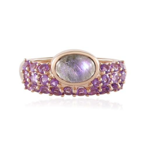 Cavill Purpurfarbener Maniry Labradorit Silberring Damen, 925 Sterling Silber Rosévergoldet, 1,72 ct Amethyst und Labradorit Ovaler Cabochon, Eleganter Ring Größe 16-20 von Cavill