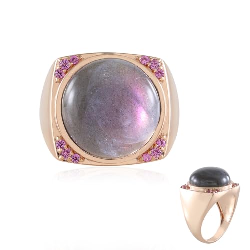 Cavill Purpurfarbener Maniry Labradorit Ring 7,65 ct Großer runder Cabochon Rosévergoldetes 925er Sterlingsilber Damenring mit Pinkfarbenen Saphiren Eleganter moderner Statement Ring von Cavill
