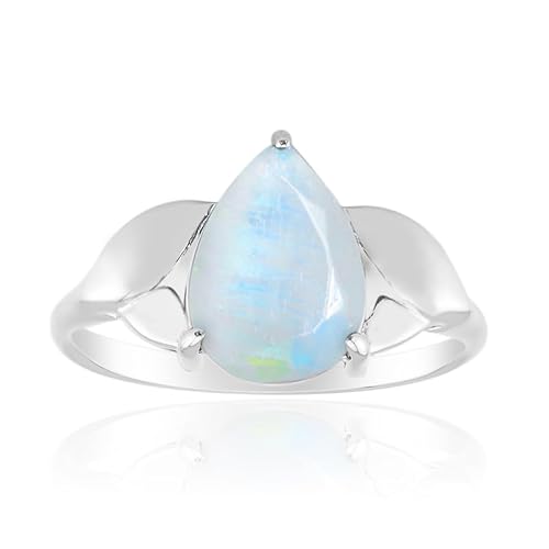 Cavill Regenbogenmondstein Ring aus 925 Sterling Silber mit Platinauflage, Tropfenförmigem Schliff 1,913 ct, moderner eleganter blauer Schimmer Schmuck für Damen von Cavill